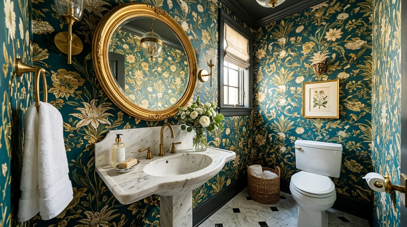 Pretty powder room designed as a chic and memorable half bath.
